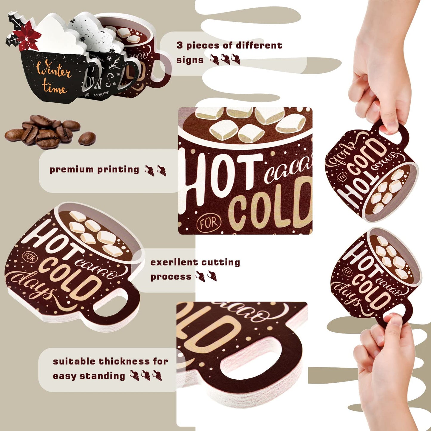 3 Pcs Christmas Hot Cocoa Tabletop Decor Christmas Wooden Signs Hot Cocoa Decor Warm Winter Tabletop Wooden Block Sign for Table Centerpieces Tiered Tray Decoration