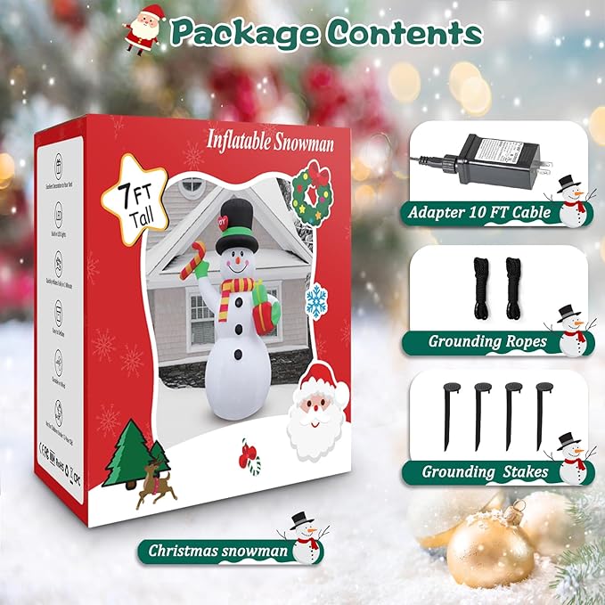 FunFanso 7FT Christmas Inflatable Snowman Outdoor Decoration, Giant Blow up Snowman Holds Candy and Gift Boxes, Built-in Rotating Colourful Lights for Yard, Garden, Patio, Lawn Xmas Holiday Decor