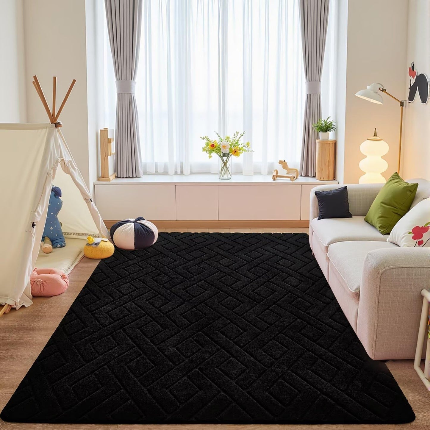 Flagover 4x6 Black Washable Area Rug for Bedroom, Modern Geometric Shag Non-Slip Living Room Rugs, Fluffy Plush Soft Memory Foam Carpet for Kids Boys Room Nursery Room Dorm Bedside Decor