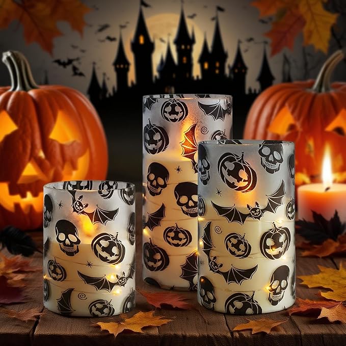 Flickering Flameless Candles Halloween Bat Embedded Star String Lights, Battery Operated Acrylic LED Pillar Candles with 11-Key Remote and Timer for Home Decoration, 3 Pack