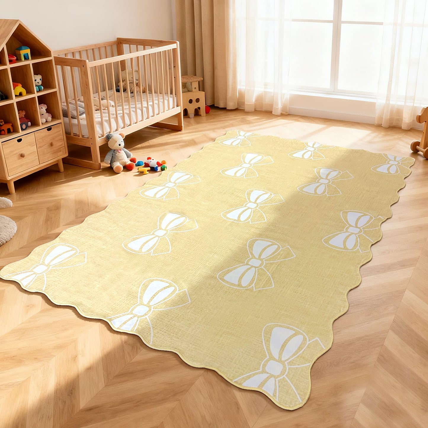 Bow Area Rug for Living Room, Soft Solid Low Pile Carpet for Dorm,Large Cute Washable Rugs 4x6 Soft Low Pile Non Slip Scalloped Rugs for Playroom College Bedroom Girls Room Decor