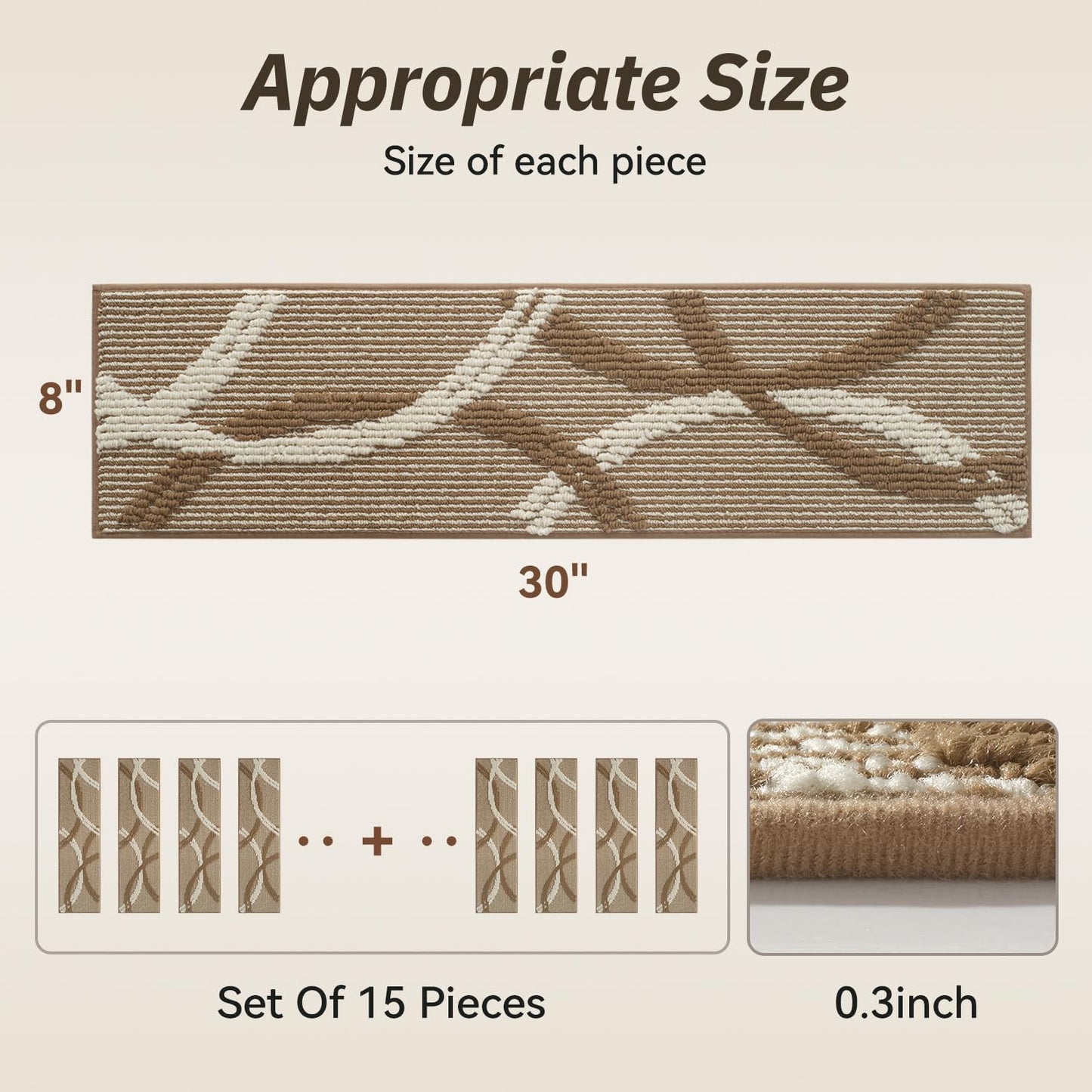 PADOOR Stair Treads Non Slip 15 PCS, 3D Peel and Stick Stair Treads for Wooden Steps Indoor, Residue-Free Adhesive Stair Runner for Kids, Elders & Pets, Washable Carpet for Stairs,8"x30",Brown