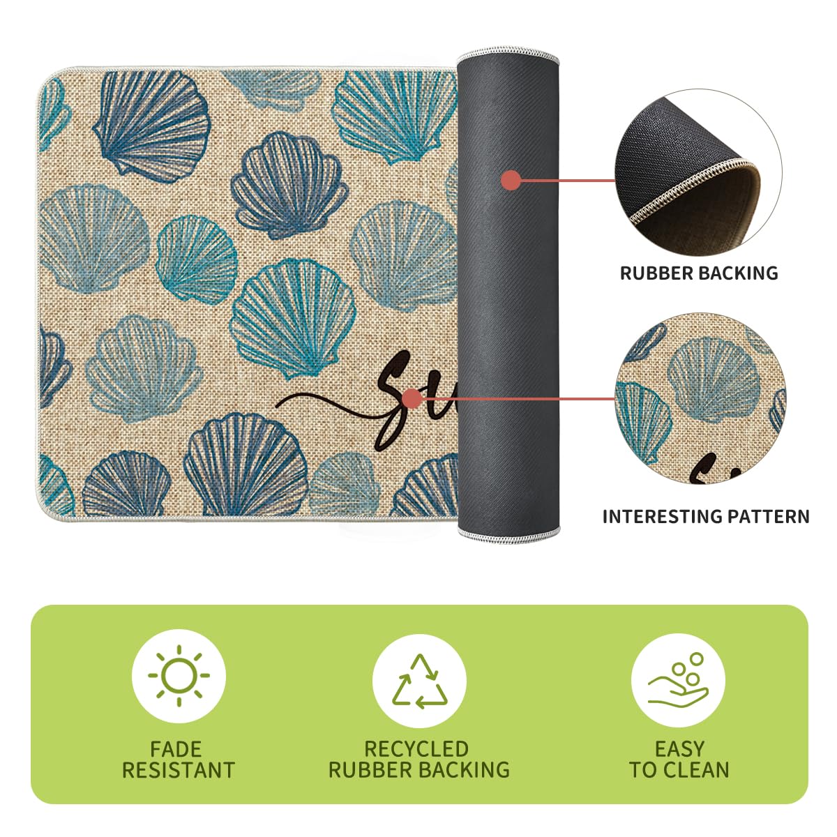 Artoid Mode Blue Shell Conch Summer Kitchen Mats Set of 2, Seasonal Sweet Home Decor Low-Profile Kitchen Rugs for Floor - 17x29 and 17x47 Inch