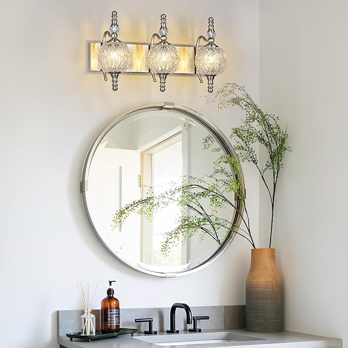 Modern Crystal Bathroom Vanity Lights Fixtures Over Mirror Brushed Nickel Vintage 3-Lights 20 Inch Bathroom Light Fixtures Glass Crystal Vanity Lights