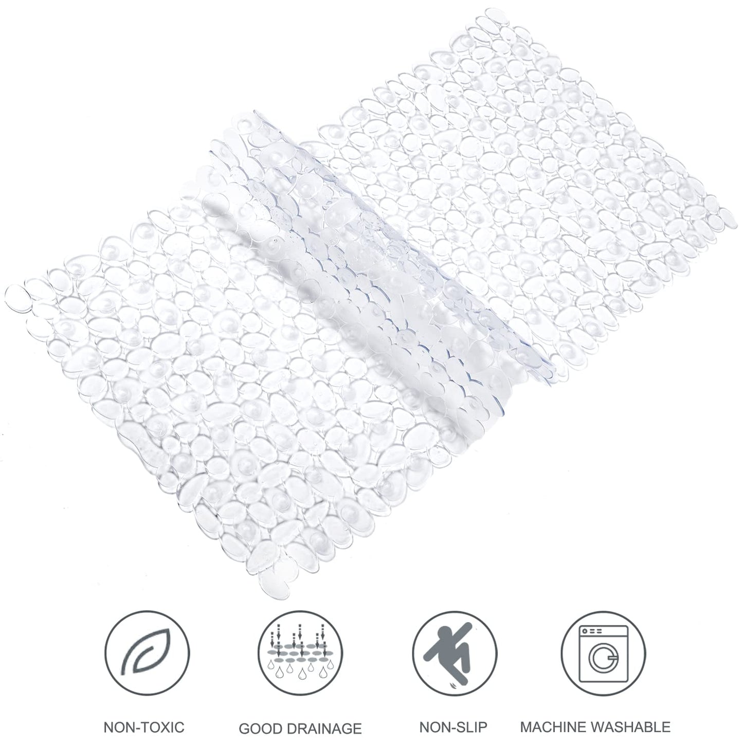 TEESHLY Bath Tub and Shower Mats, Non-Slip Pebble 35 x 16 Inches Machine Washable Bathtub Mat with Drain Holes, Suction Cups for Bathroom (Clear)