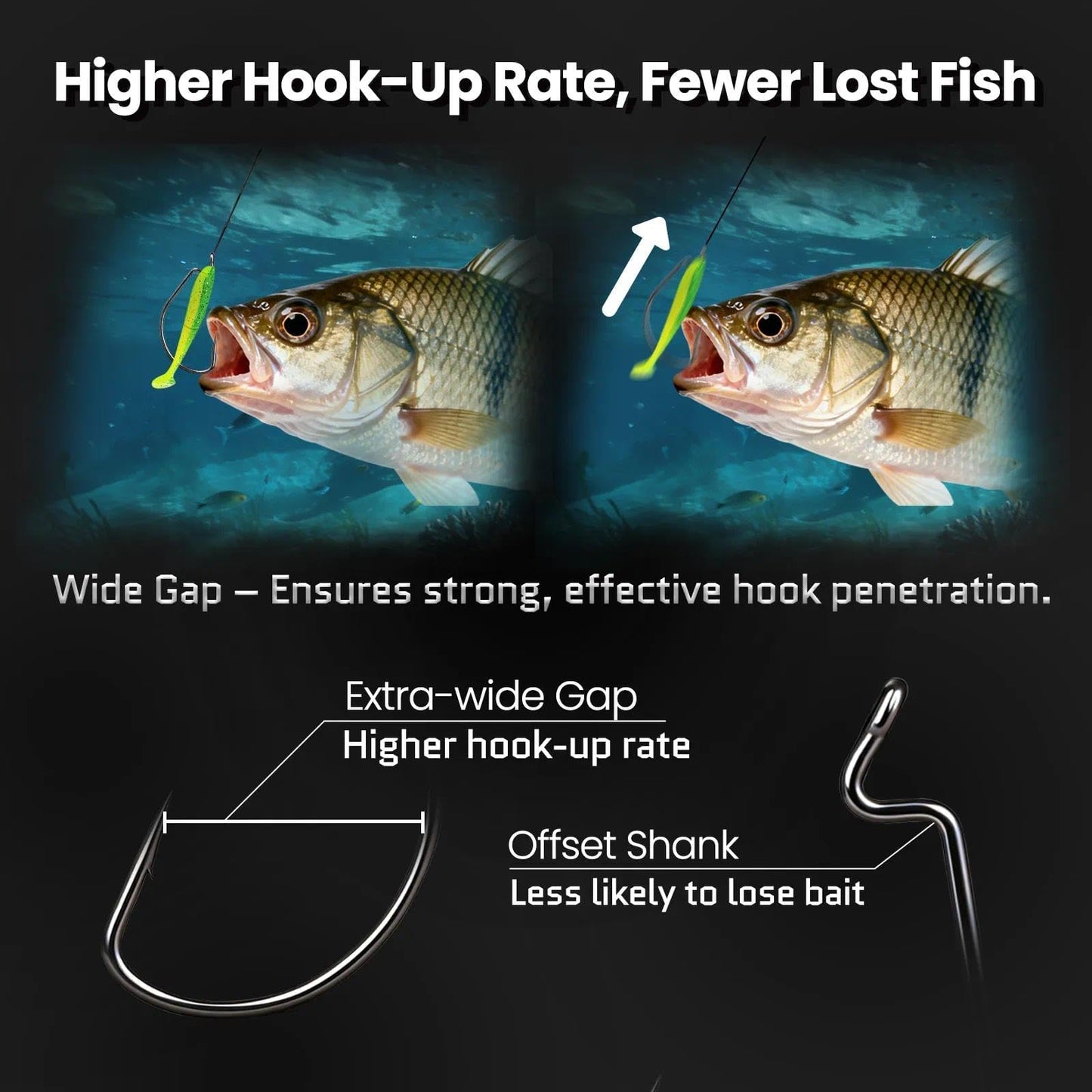 FishTrip 50pcs EWG Hooks for Bass Fishing Hooks, Extra Wide Gap Offset Worm Hook Texas Rig Fish Hooks for Bass Trout Freshwater Saltwater #1