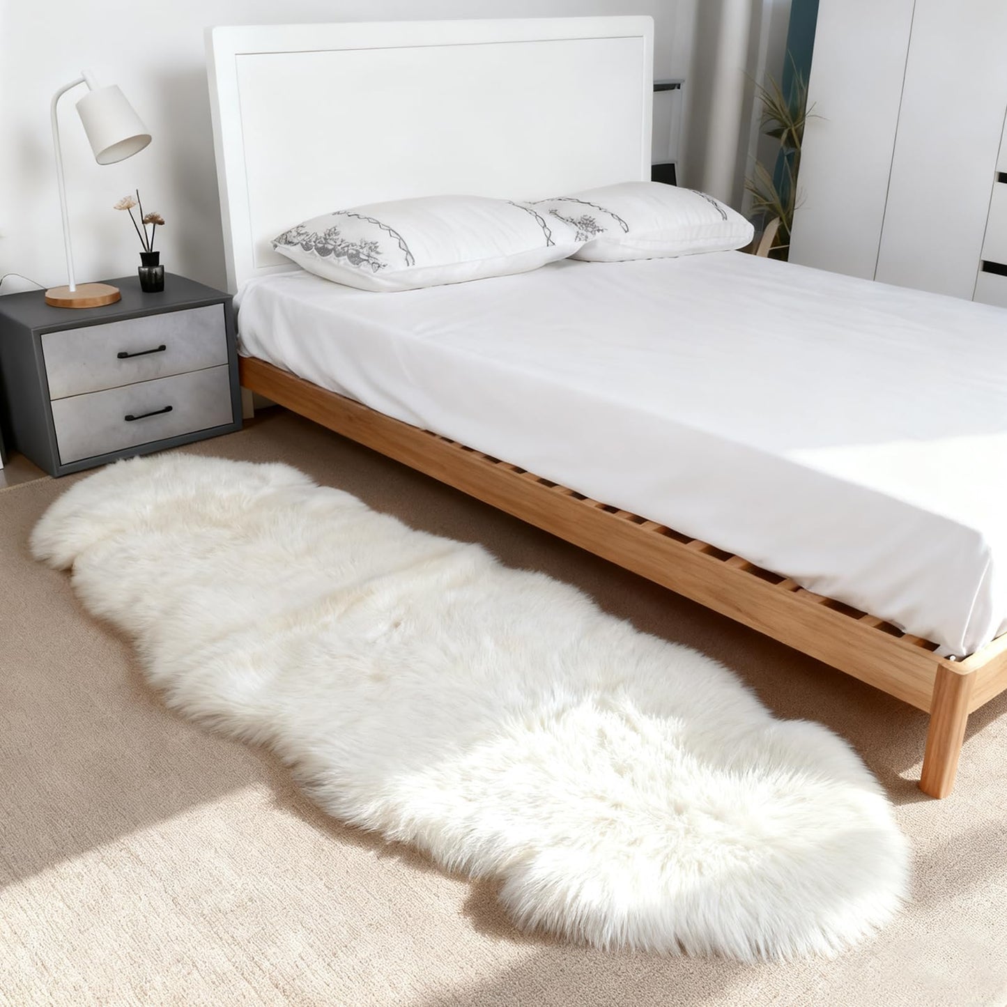 Genuine Sheepskin Rug with Little Patches | Premium Ivory White Fluffy Sheep Skin Carpet for Bedroom Fireplace | Soft Wool Throw for Elder, Pet | Luxurious Fur Rug for Chair, Sofa, Non Dyed 2FT*6FT