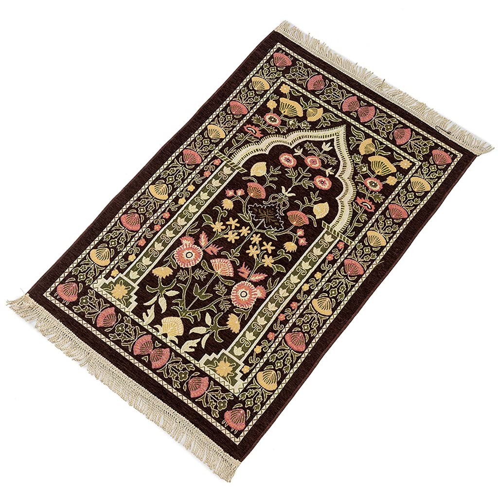 Muslim Prayer Mat Thick Islamic Turkish Chenille Praying Rug Portable Kneeling Rug, Vintage Floral Leaves Pattern Woven Jacquard Tassel Blanket