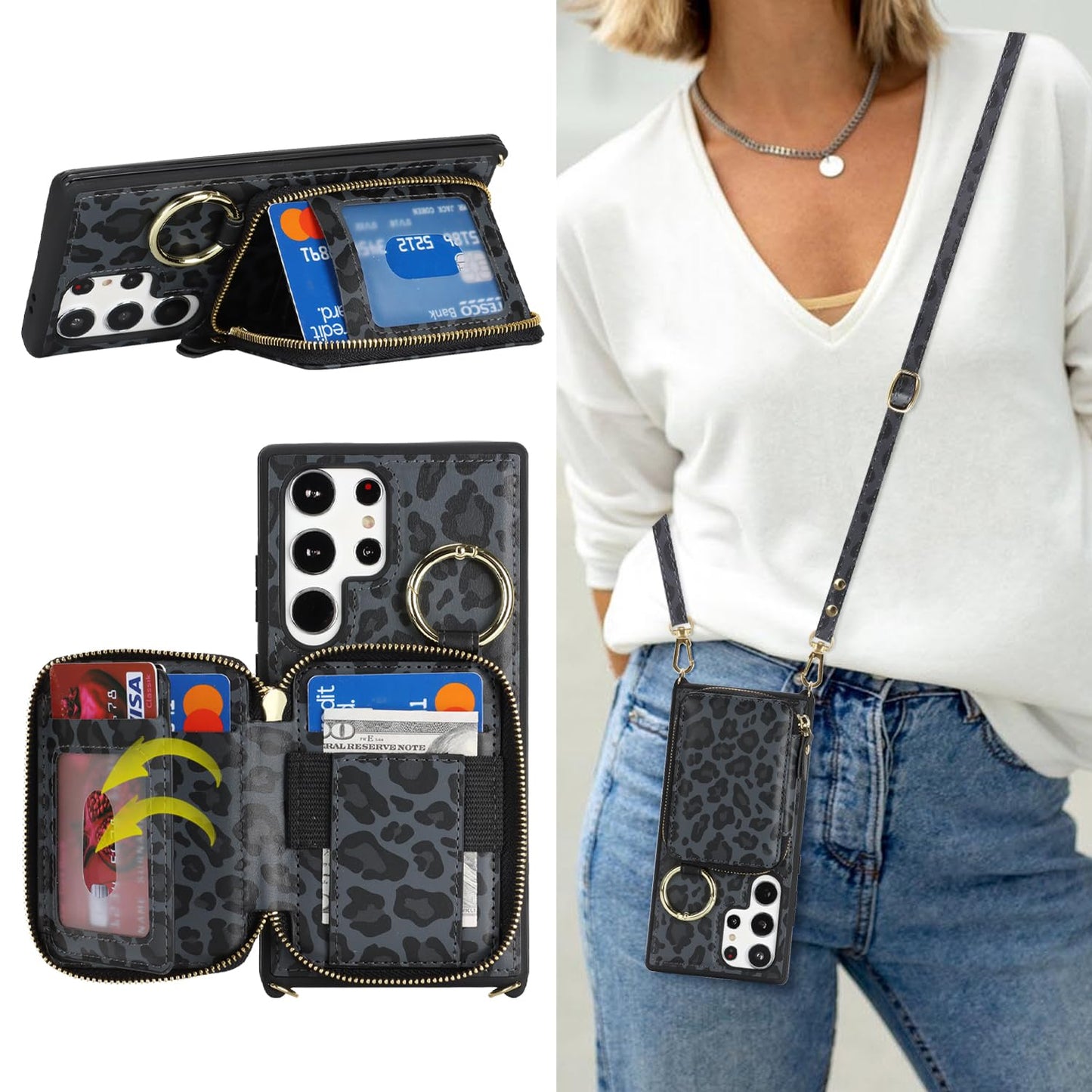 Hamany Crossbody Wallet Case for Galaxy S24 Ultra, PU Leather Zipper Handbag Purse Flip Cover, Kickstand Folio Case with Card Slots Holder Wrist Strap Lanyard -Black Leopard