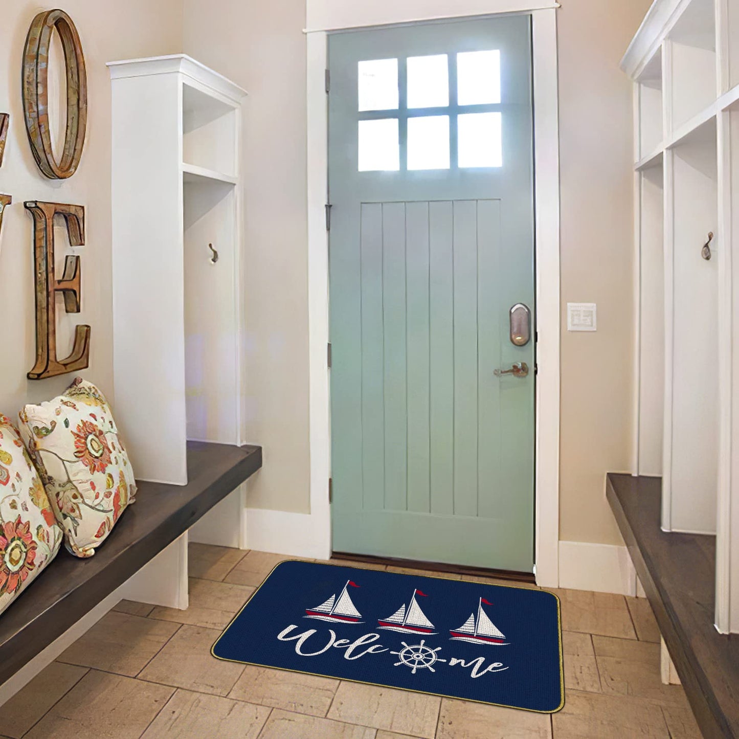 Mingnei Nautical Door Mat, Boat Rug for Floor, Welcome Boat Sailboat Doormat, Nautical Outdoor Floor Mats for Entryway 30 x 17