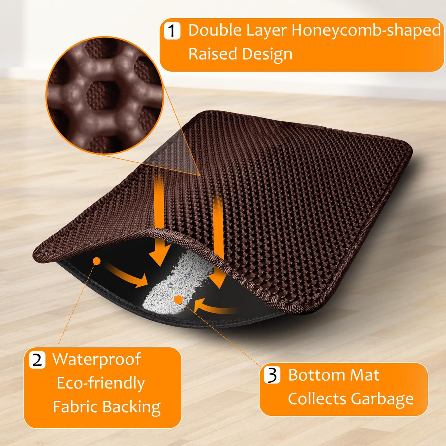 28"x48" Cat Litter Mat, EVA & Fabric Double Layer Design Waterproof Bottom Cat Litter Mat,Anti-slip Litter Box Mat,Easy To Catch Pet Litter,Easier To Clean,Washable,Soft on Paws,Large Capacity,Brown