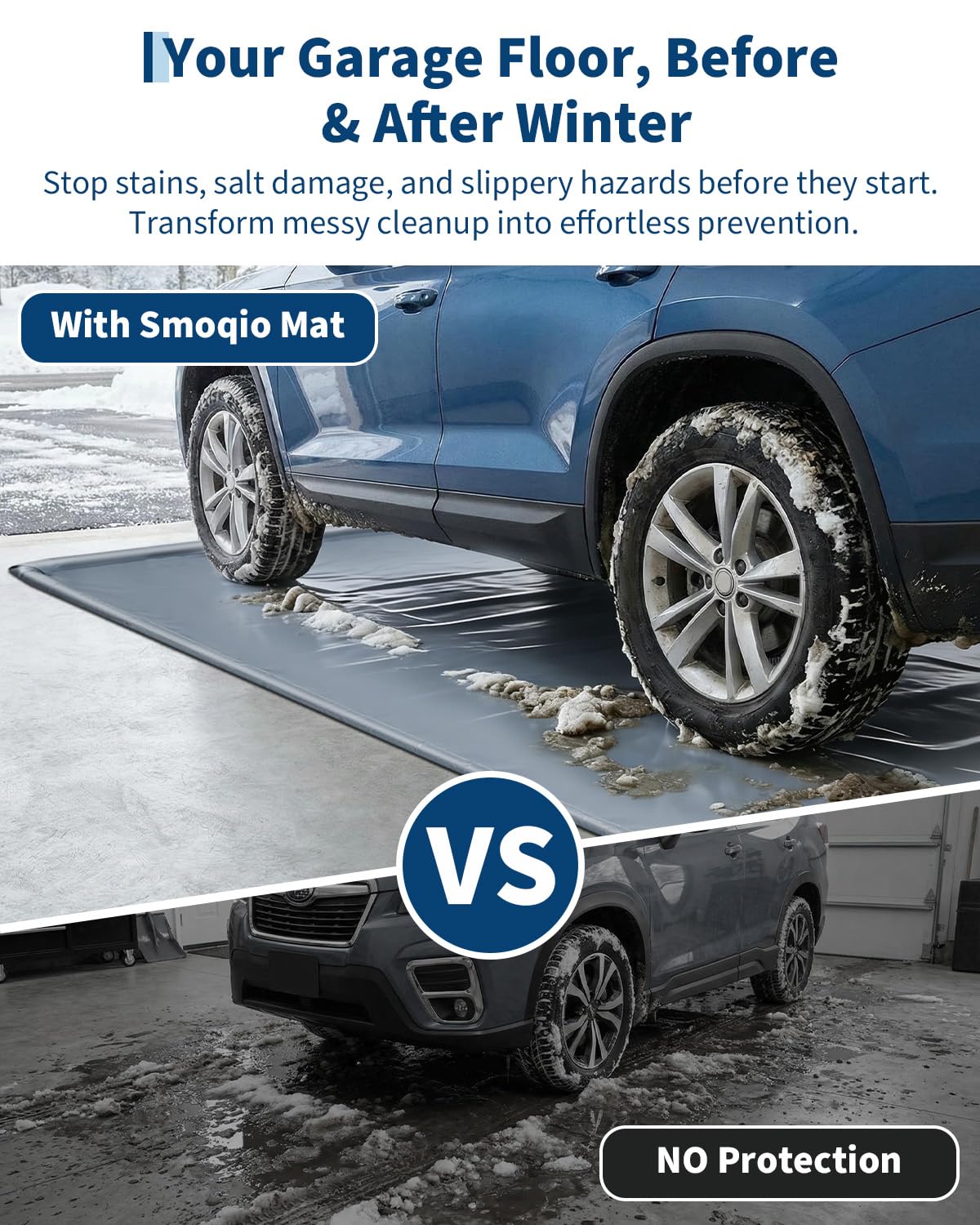 Garage Mat with Raised Edge, 1000D PVC Non-Slip Floor Protector for Cars Trucks SUVs, Snow Melt Containment Tray for Winter, Comes with Squeegee & 8 Attachment Straps, 4 Size Options (7.9x16 to 8.6x22