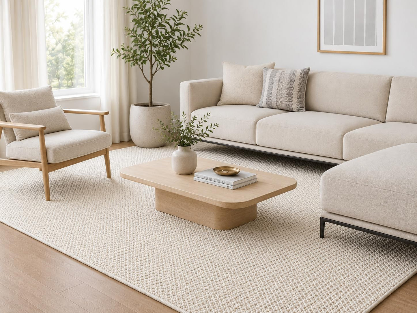 The Knitted Co. Handwoven Wool Area Rug - Hand Woven Natural Carpet Rugs- Bedroom Living Room Dining Room (Ivory- 5'x8')