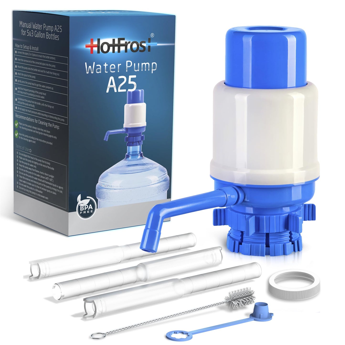 HotFrost Manual Water Pump for 5 Gallon Jug & Bottle – Non-Electric 5 Gallon Water Dispenser, Universal Hand Pump with 3 Adjustable Tubes, 53mm Screw Top Adapter, Spout Cap & Cleaning Brush, BPA-Free