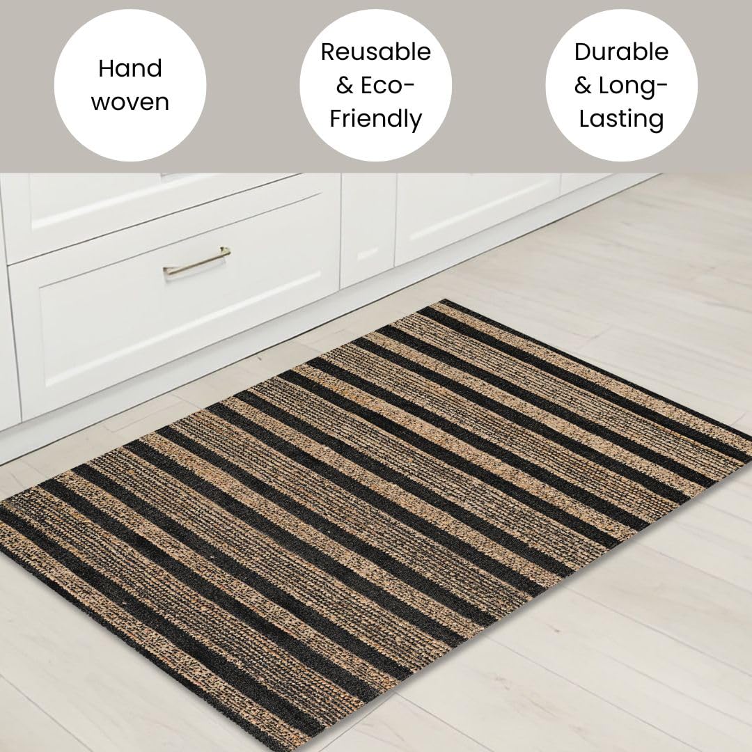 Threadvista Hand Woven Area Rug 3x5 Feet - Rustic Farmhouse Boho Accent Rug for Living Room Bedroom Kitchen Entryway Floor Mats Non Slip - Ideal for High Traffic Areas Jute Cotton Rug Natural Black