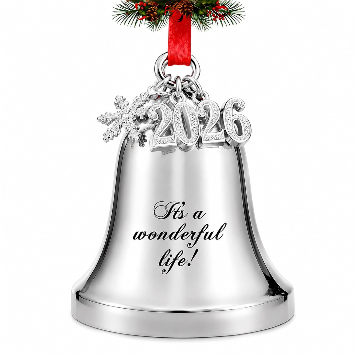 JUPPE It's a Wonderful Life Silver Bell Christmas Ornament, 3 Inch Metal Holiday Tree Decoration with Snowflake Topper, 2026 Charm and Red Ribbon (Silver)