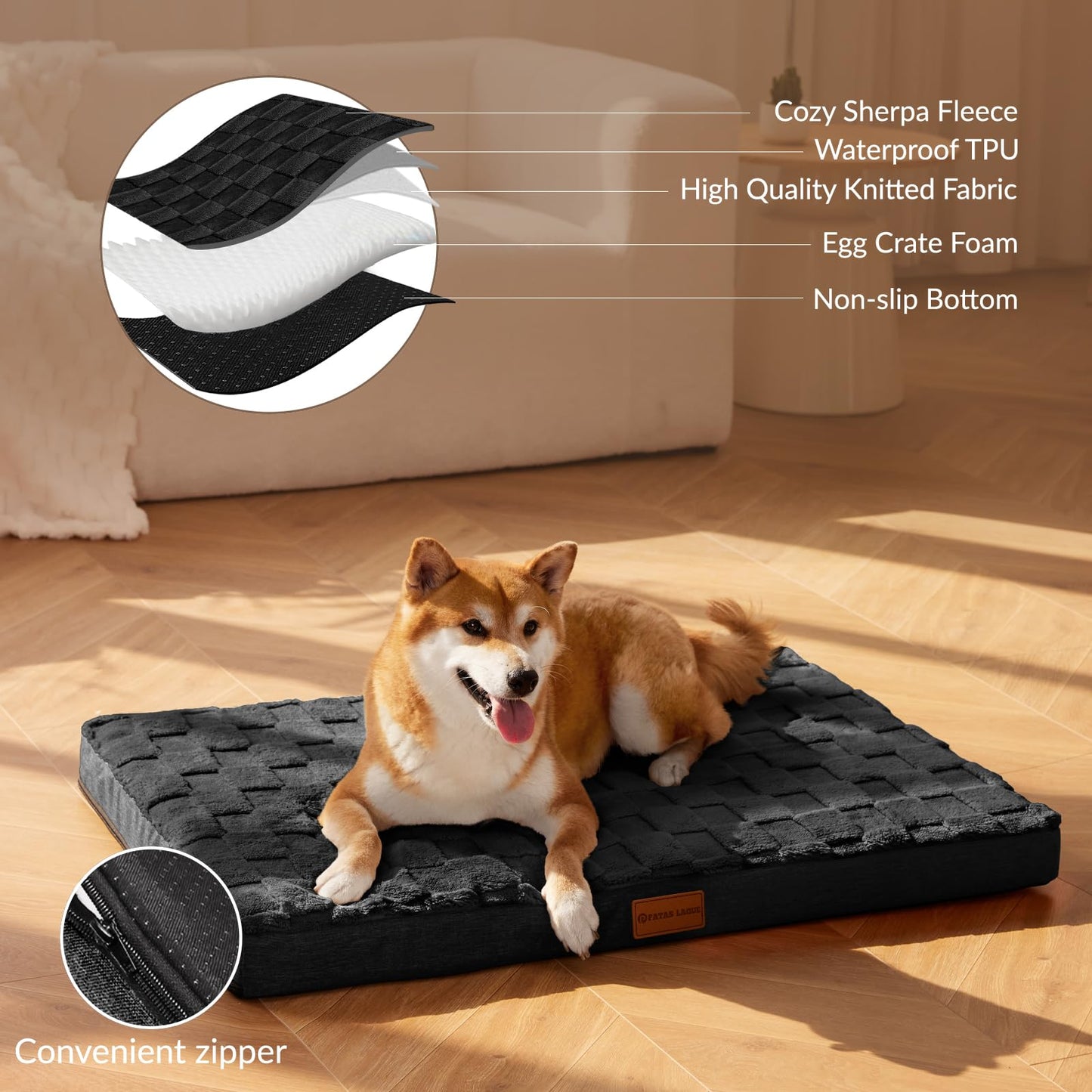 Patas Lague Orthopedic Dog Bed Large Sized Dog 36''X24'', Waterproof Soft Comfortable Egg Crate Foam Large Pet Beds Crate Mat with Removable Washable Cover and Nonskid Bottom, Black