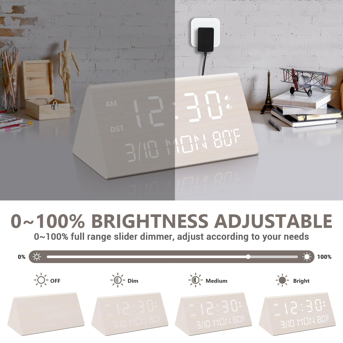 Kogonee Wooden Digital Alarm Clock, 0-100% Dimmer, 2 Alarm Settings, Weekday/Everyday Mode, 9 Mins Snooze, 12/24H, Temperature and Date Display for Office, Travel, Bedroom Alarm Clock (White)