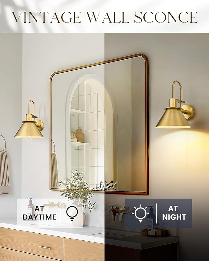 Brass Wall Sconce, HWH Gooseneck Wall Light Sconces for Bedroom Bathroom, 1-Light Indoor Wall Light Fixtures with Metal Shade, White Interior, Gold Finish, 5HZG56BL BG