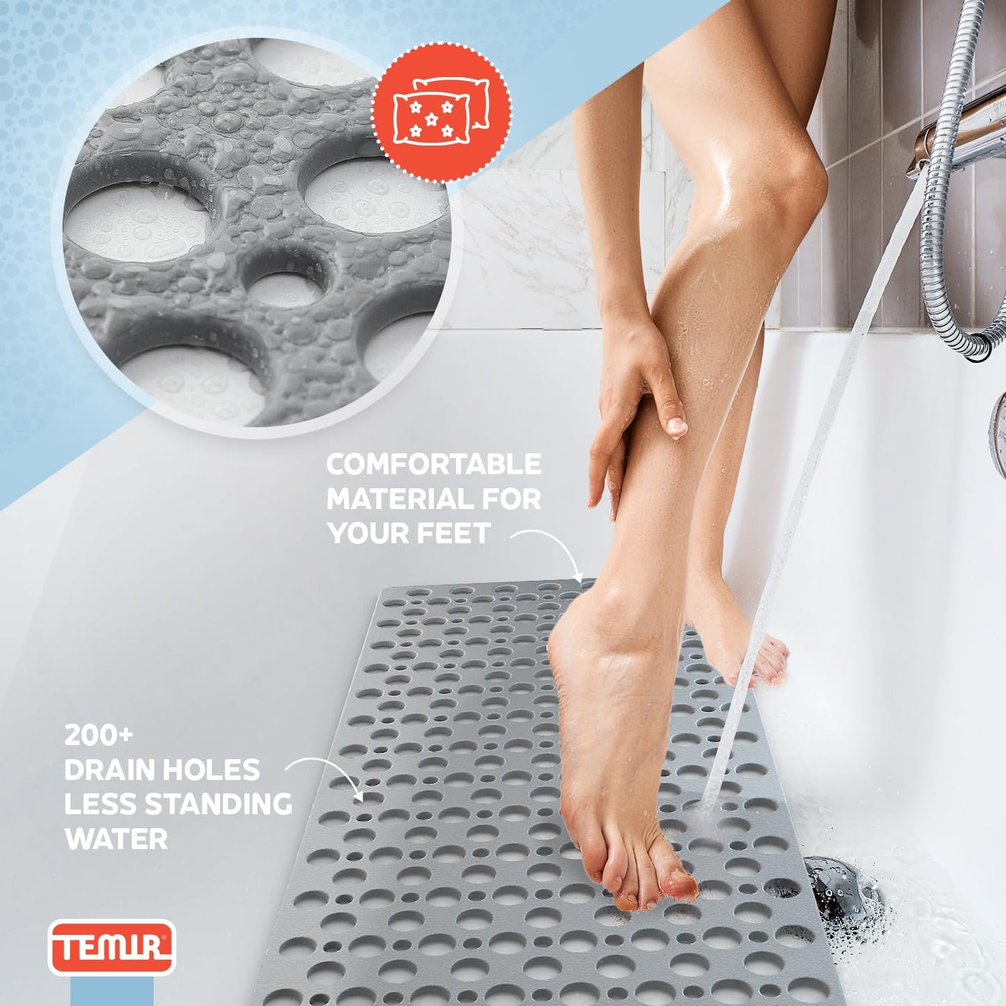 TEMIR Non Slip Bathtub Mat for Shower — Anti Skid Safety Mat with Strong Suction Cups, Quick Drain Holes, Machine Washable, Soft Bathroom Mat for Elderly & Kids, 30x17 in (75x43 cm) Gray