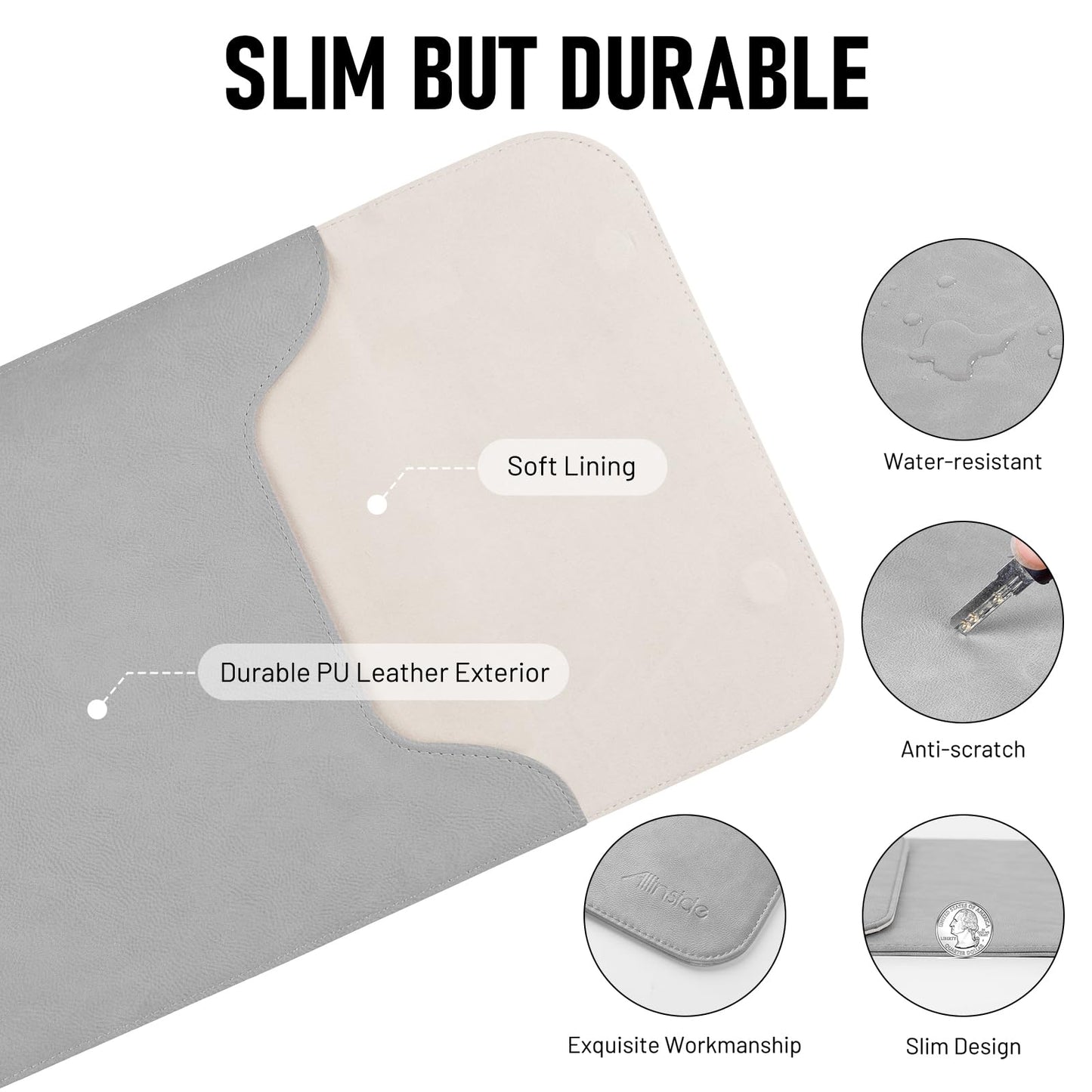 Allinside 15-16 inch Laptop Sleeve Case Compatible with MacBook Pro 16 2021-2026/MacBook Pro 15 2016–2019, Waterproof PU Leather Laptop Sleeve Bag Protective Vertical Case Cover, Gray