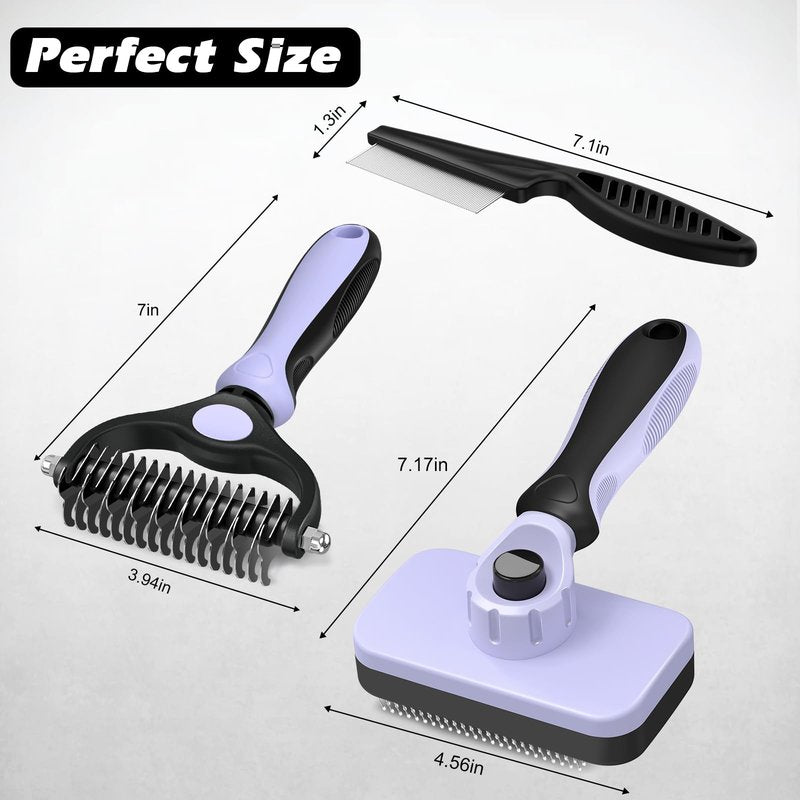 3PCS Self Cleaning Slicker Brush & Pet Grooming Rake & Flea Comb for Dogs,Cats and Horses | Double-Sided Dematting Comb & Skin Friendly Deshedding Grooming Tool | Pet Supplies(Light Purple)