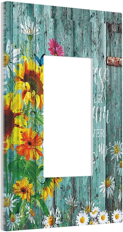Turquoise Rustic Vintage Wood Planks Sunflower Butterfly Single Rocker/Decora Light Switch Plate Decorative 1 Gang Outlet Cover Faceplate GFCI Electrical Receptacle Wallplate Dimmer for Home Decor