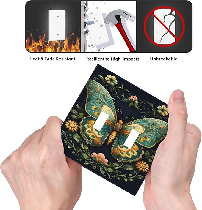 Butterfly Ornate with Flower Light Switch Covers Double Toggle 2 Gang Wall Plate Dual Decorative Switchplate Electrical Faceplate for Farmhouse Decor