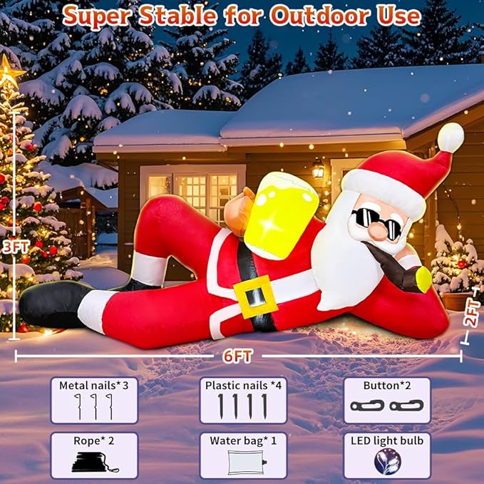 KOOY 6FT Christmas Inflatable Santa Claus Outdoor Decoration with LED Lights, Christmas Decoration Outdoor, Blow up Yard Decor for Outside Garden Lawn Xmas