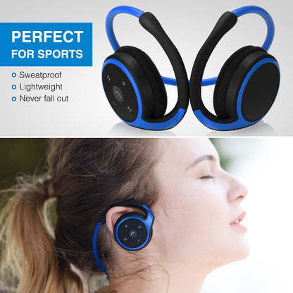 RTUSIA Small Bluetooth Headphones Wrap Around Head - Sports Wireless Headset with Built in Microphone and Crystal-Clear Sound, Foldable and Carried in The Purse, and 12-Hour Battery Life, Blue