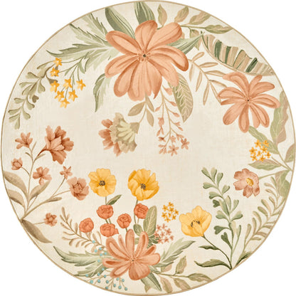 jinchan 4ft Round Floral Area Rug for Entryway - Washable Soft Non-Slip Flower Rug Circle 4' Round Accent Rug for Living Room Bedroom Dining Room Coral Pink on Beige