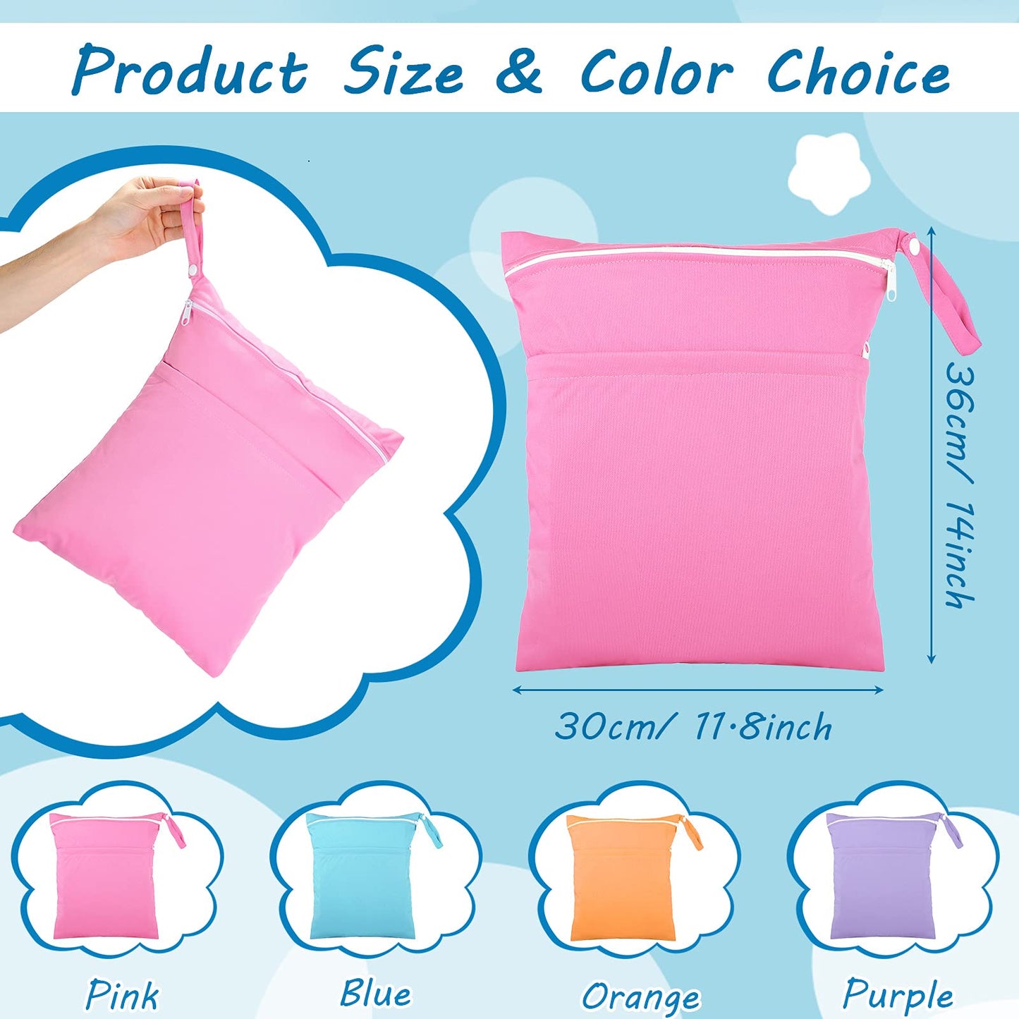 Shappy 4 Pcs Wet Dry Bag for Baby Cloth Diapers Waterproof Wet Bag Washable Travel Reusable with 2 Pocket for Swimsuits for Yoga Gym Travel Beach Pool(Blue, Purple, Pink, Orange)
