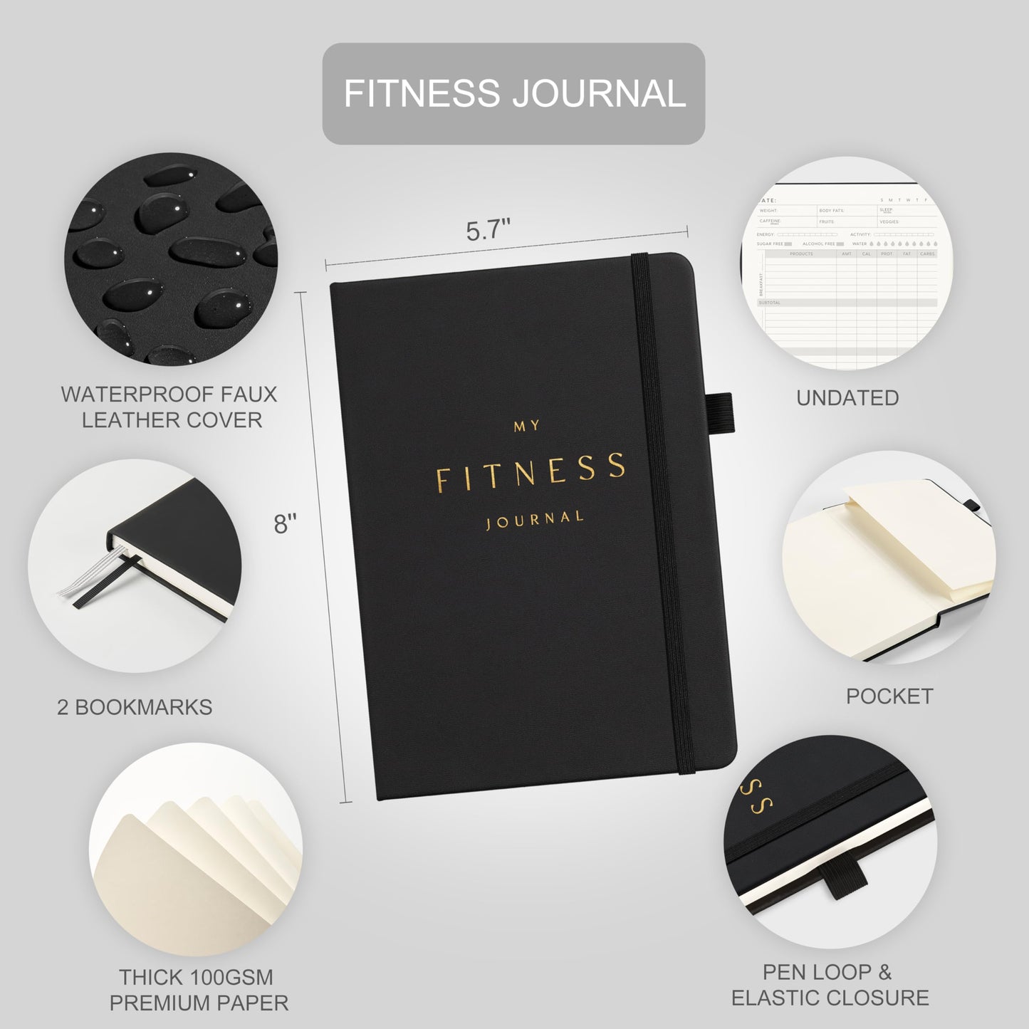 &And Per Se Workout and Food Journal – Fitness Journal with Daily Diet Tracker & Gym Exercise Log Book for Men & Women – Undated, A5 Size, Leather Hardcover (Black)
