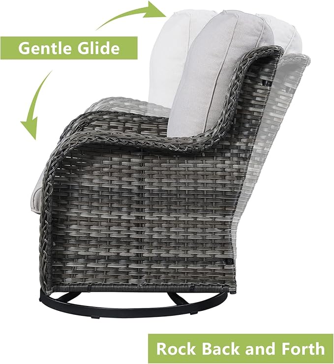 Rilyson Wicker Rocking Chair Swivel Chairs - 3 Piece Rocker Patio Furniture Set Rattan Rocking Bistro Sets with Glass Top Side Table for Outdoor Porch Deck Garden Backyard (Mixed Grey/Beige)