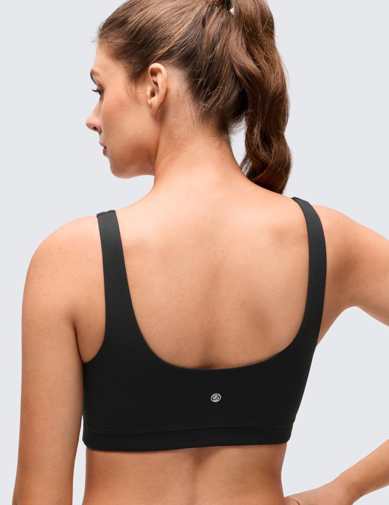 CRZ YOGA Butterluxe Scoop Neck Sports Bras for Women - U Back Padded Wide Strap Wireless Yoga Top Black Medium