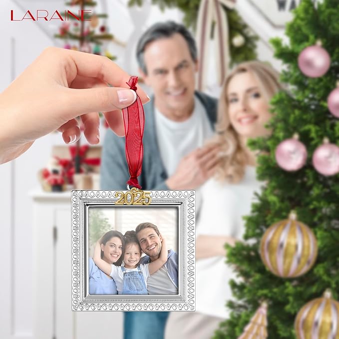 Laraine Christmas Tree Ornaments – Decorative Hanging 2025 Holiday Keepsake Gift Pendant with 2.5” Photo Frame Insert for Picture of Pet (Square Silver (2025))