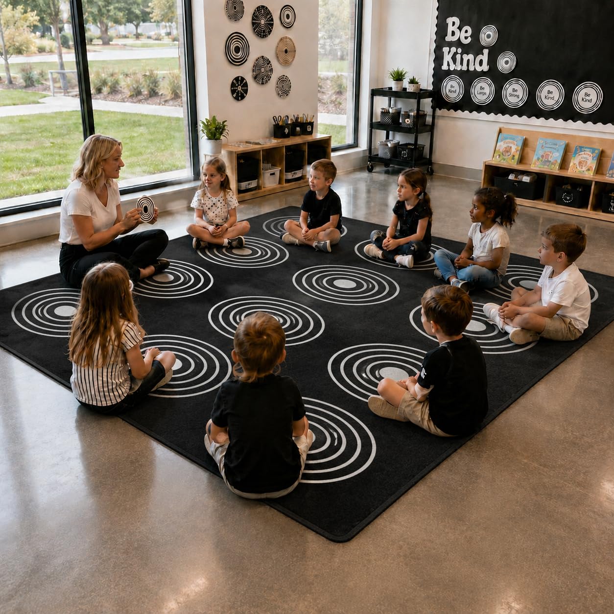 Kids Rug, Classroom Carpets Playmat Rugs - 5x7 Ft Kids Carpet with Rubber Backing, Circle Bullseye Abstract Children's Seating Rug Play Mat Nursery Rugs for Children Bedroom Playroom Elementary, Black