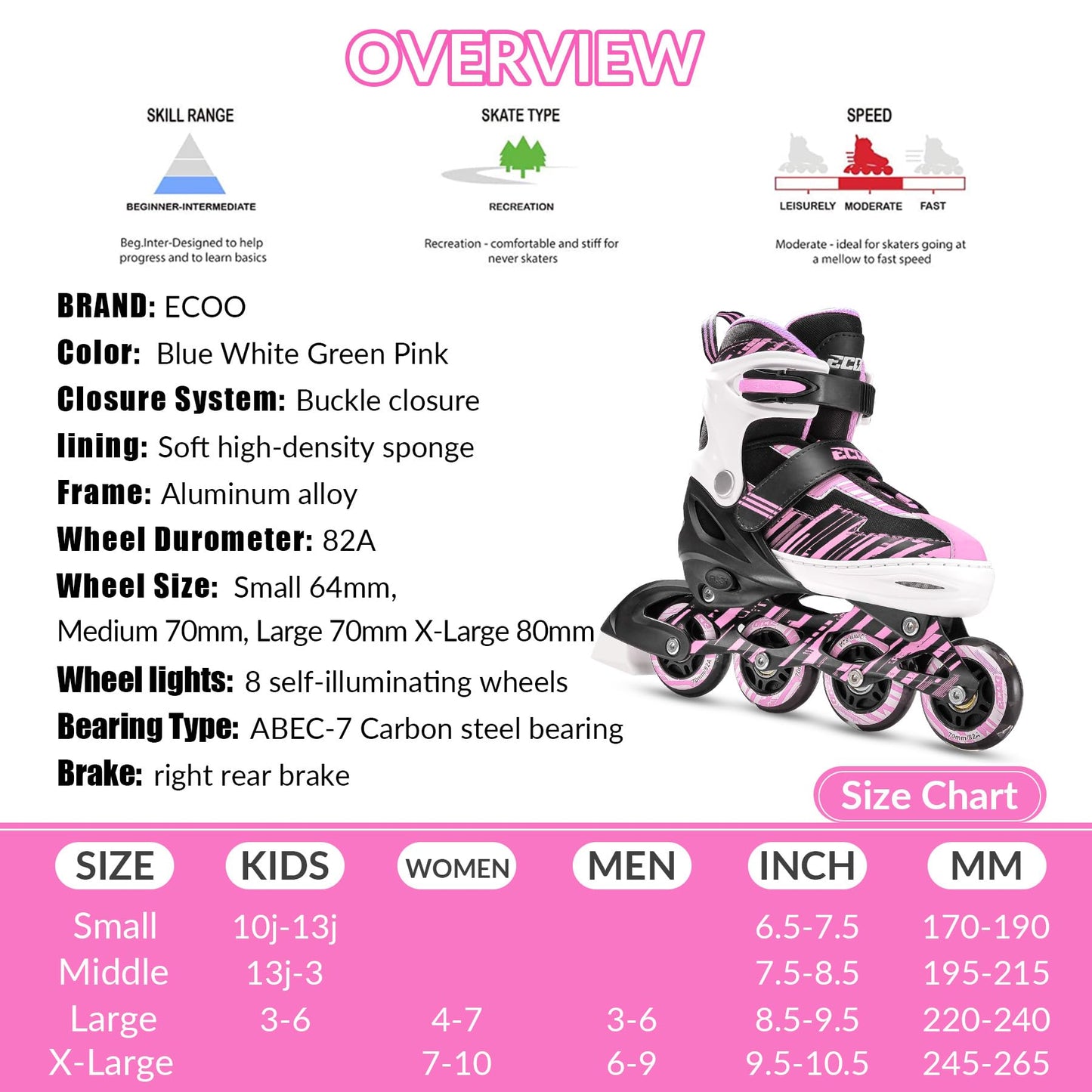 ECOO Adjustable Inline Skates Boys and Girls with Light up Wheels，Roller Skates for Kids Ages 4-12, Teen Skates for Beginner Outdoor and Indoor (Pink, Large-Youth（3-6 US）)