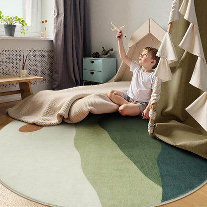 Sungea 6ft Round Rugs for Living Room,Soft Washable Non-Slip Large Circle Rug,Chic Mountain Low-Pile Circular Bedroom Rug Indoor Round Carpets for Kidsroom/Nursery/Office(Green)