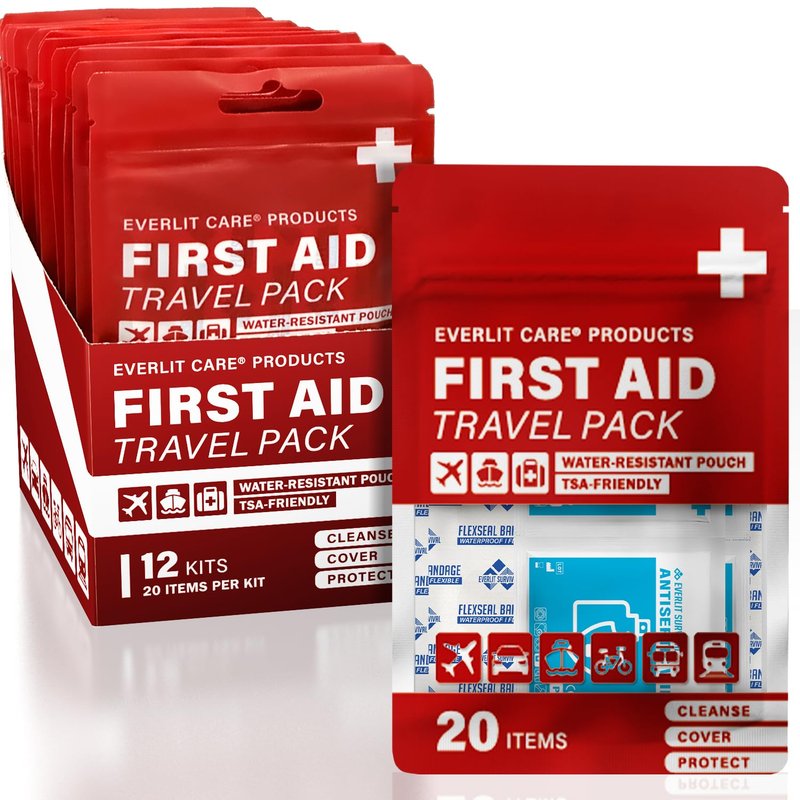 EVERLIT CARE Travel Bandage Pack | 12 Individual Packets, Bulk Portable Mini First Aid Kit with 20 On-the-Go Essentials | Compact Water-Resistant Reusable Pouch to Clean, Cover & Protect