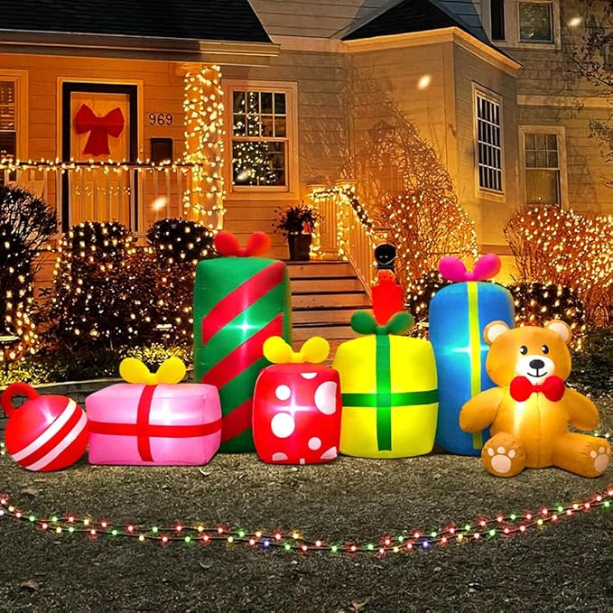 KOOY 10FT Giant Christmas Inflatables Outdoor Decorations Gift Boxes And Bear,Blow up Yard Decorations With LED Light For Xmas Outdoor Decorations Inflatable For Holiday Party Garden Lawn Winter Décor