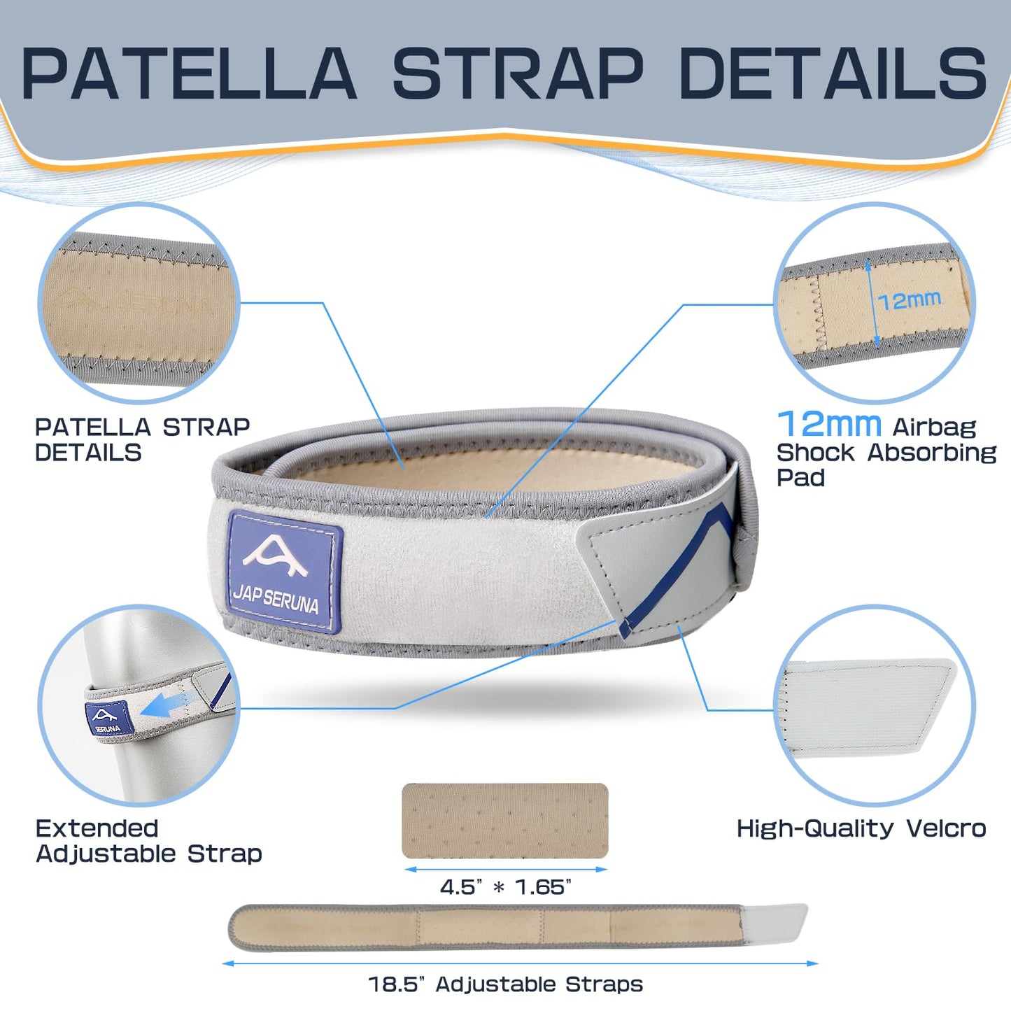 JAPSERUNA Patellar Band Tendon Support Strap - 2 Pack Adjustable Non-Slip Knee Brace for Helps Relieve Pain & Swelling for Hiking, Running, Jumpers Knee, Tendonitis, Basketball, Squats