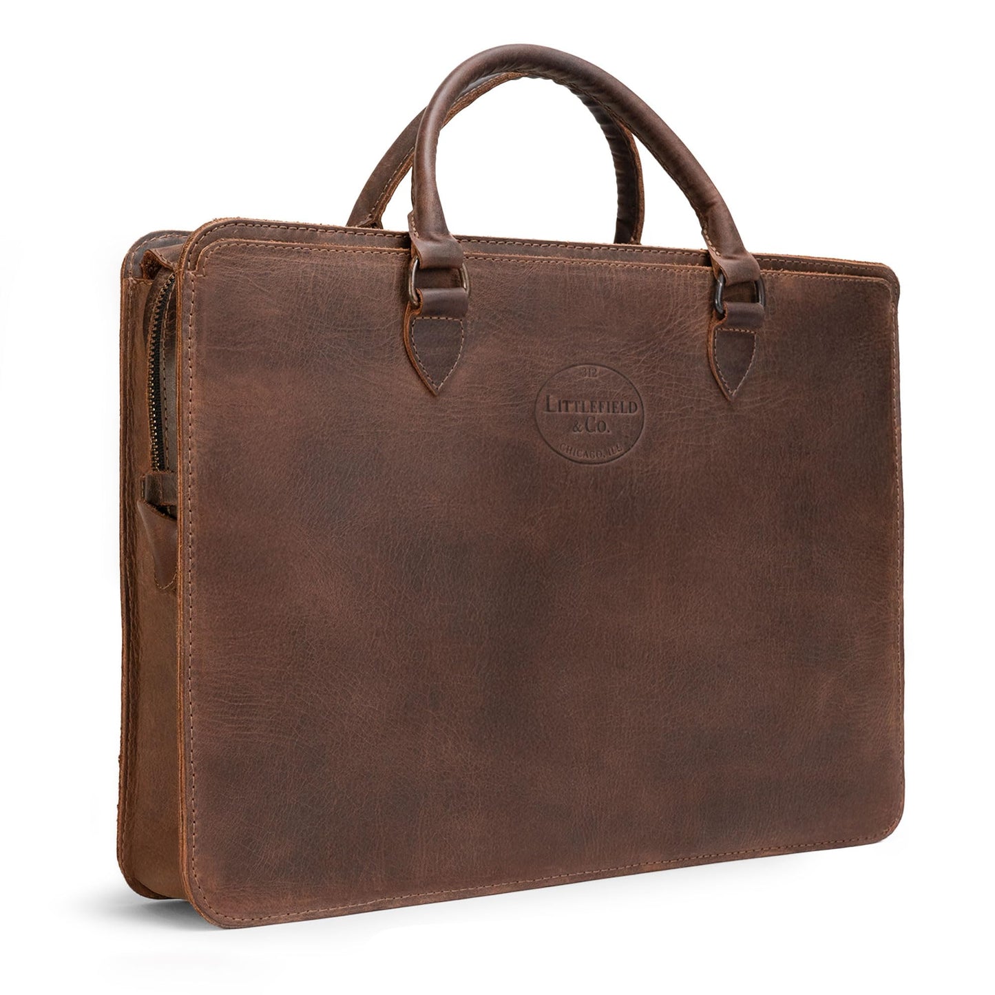 Littlefield & Co., Classic Portfolio Document Holder with Handles, Padfolio with Zipper Closure, Rustic Briefcase, Full Grain Leather, Handmade, Bourbon Brown