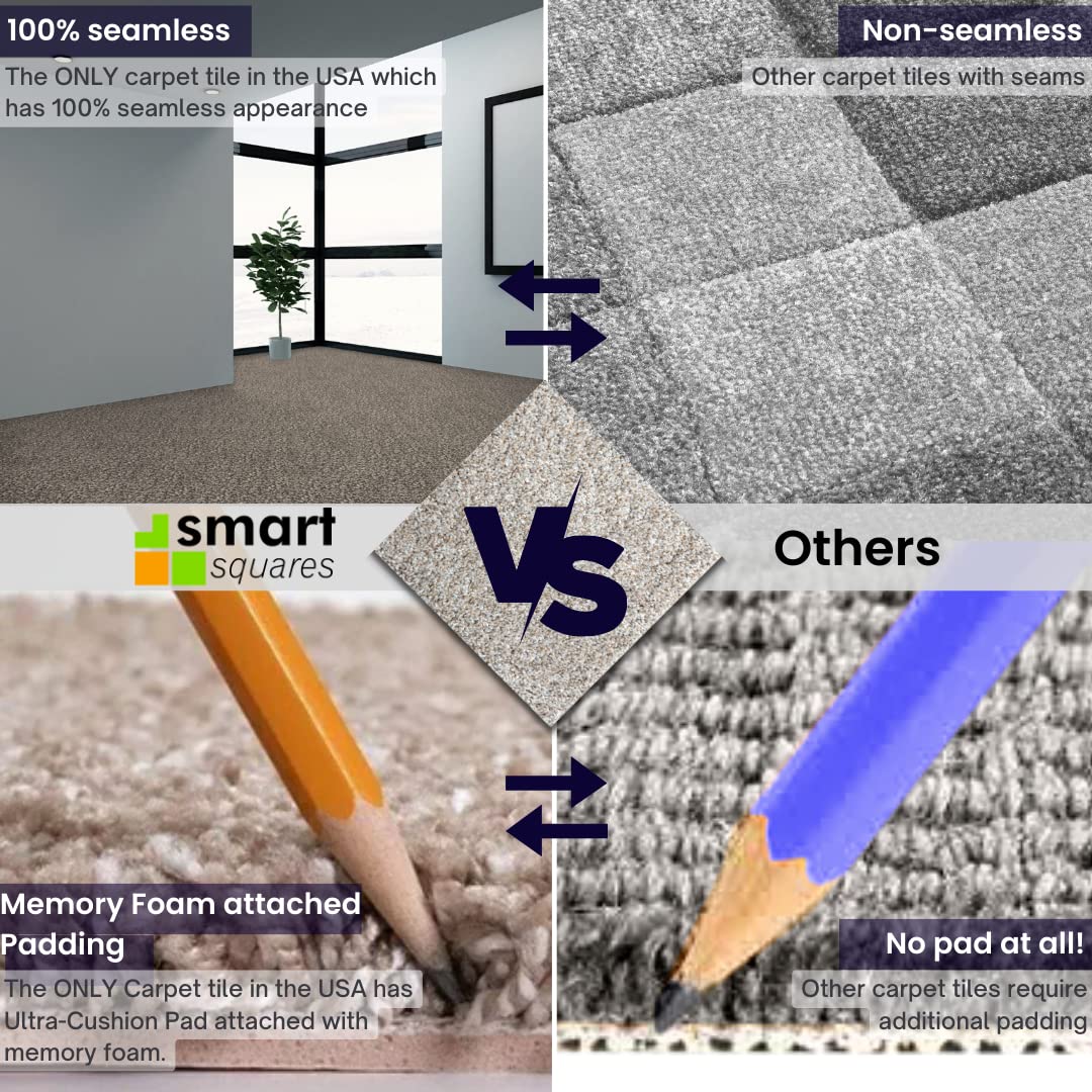 Smart Squares Walk in the Park Premium Plush Carpet Tiles, Made in USA – 18x18 Peel and Stick Floor Tiles with Attached Padding – Seamless DIY Carpet Squares (22.5 Sq Ft, Pack of 10, 760 Gemstone)