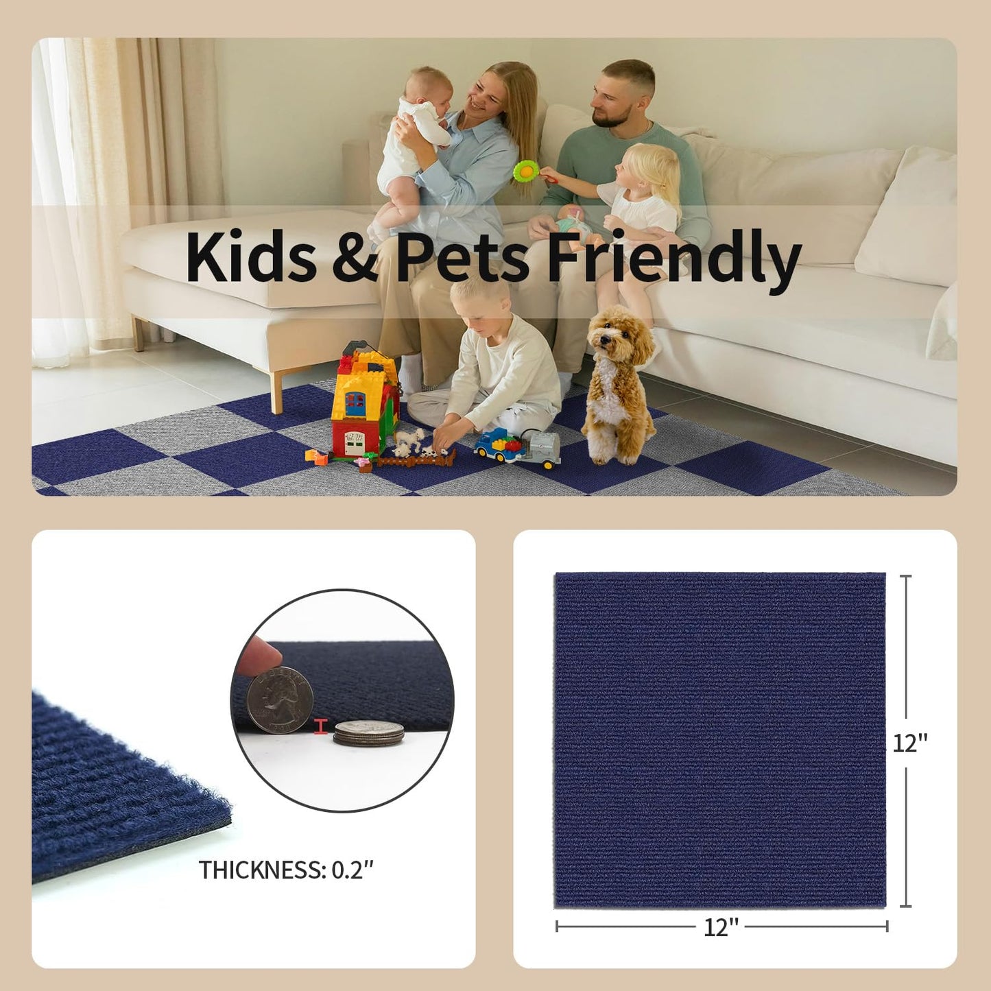 AKIVIDA Carpet Tiles Peel and Stick, 12”x 12” Non-Slip Self Adhesive Squares Carpet Floor Tile, 10Pcs DIY Reusable Waterproof Carpet for Living Room Bedroom