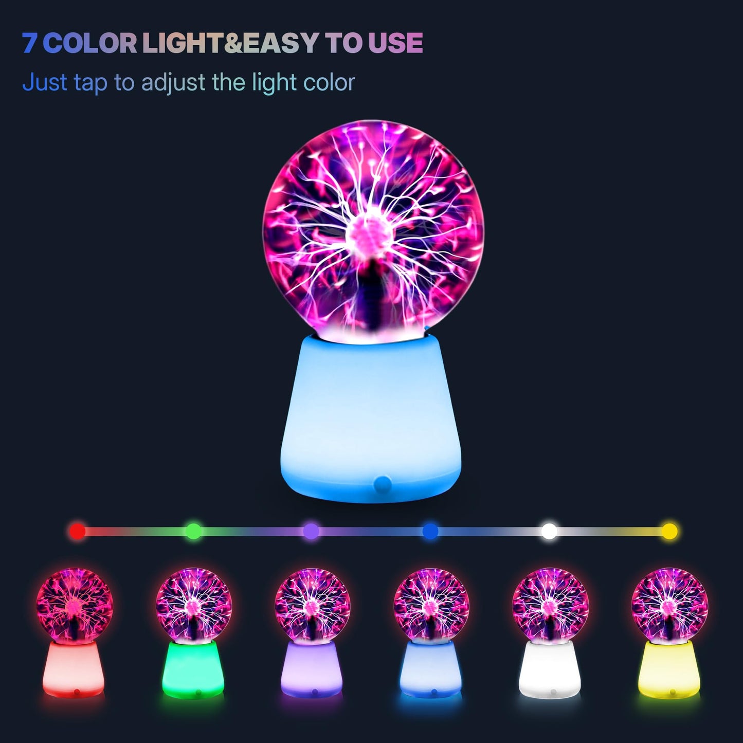 Xsnzdq Plasma Ball Lamp 3-Inch, Touch Reactive Lightning Globe, USB-C Powered Electric Plasma Ball, 7-Color LED Base Night Light, Interactive STEM Science Toy, Desk Decor Gift