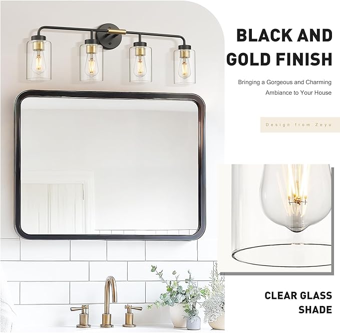 zeyu Farmhouse 4-Light Bathroom Vanity Light, 30 Inch Bathroom Lights Over Mirror, Black and Gold Finish with Clear Glass, ZS62B-4W BK+BG