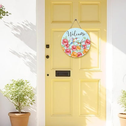 Summer Hummingbird Welcome Door Sign Floral Birds Sign for Front Door Wall Decor Summer Flower Wooden Door Hanger Seasonal Wreath Farmhouse Hanging Home Outdoor Decorations 12 Inch