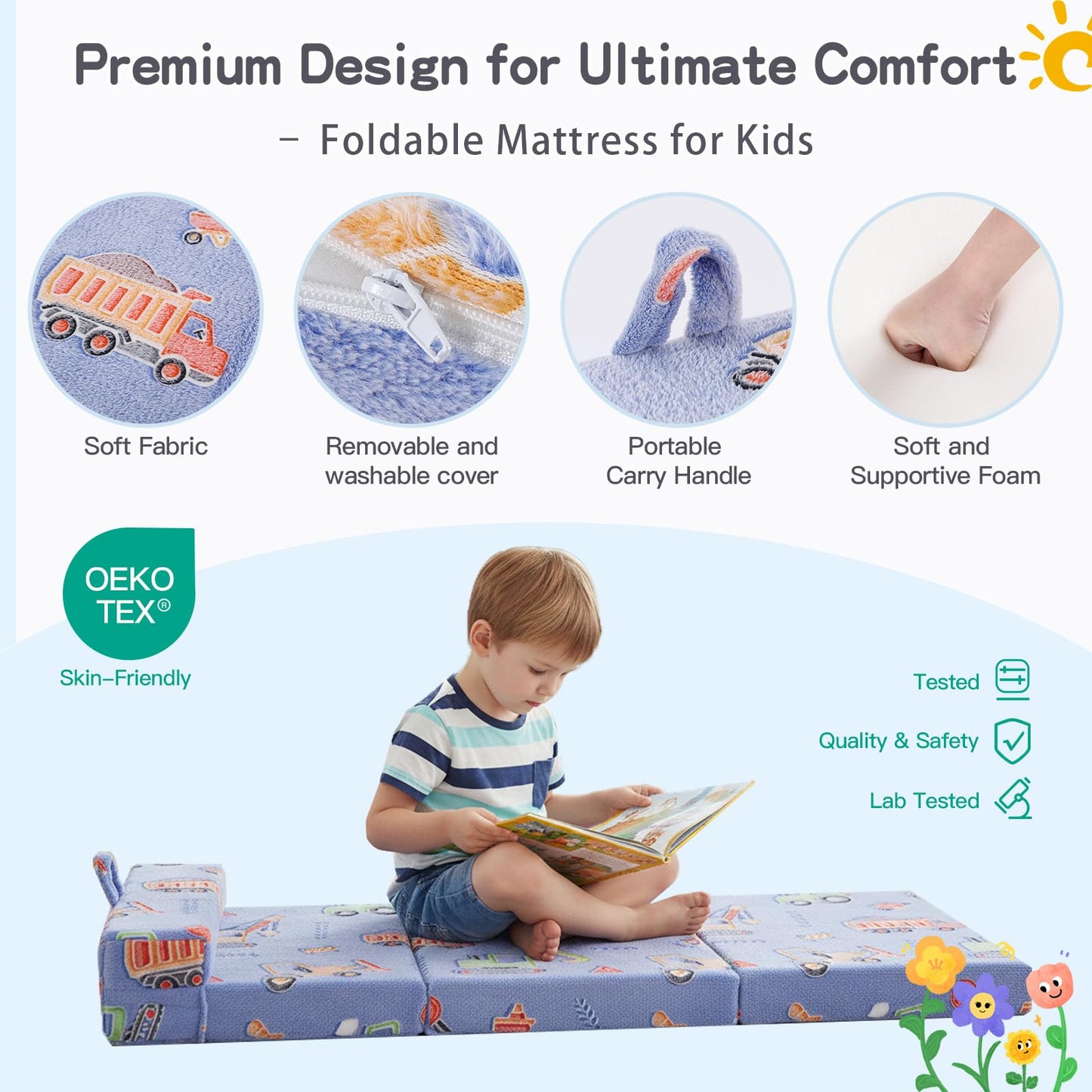 Tiita Foldable Floor Mattress for Kids-Glow in The Dark Toddler Nap Mat with Storage Bag, Portable Toddler Floor Nap for Travel, Daycare, Camping, RV, Playroom, Vehicles
