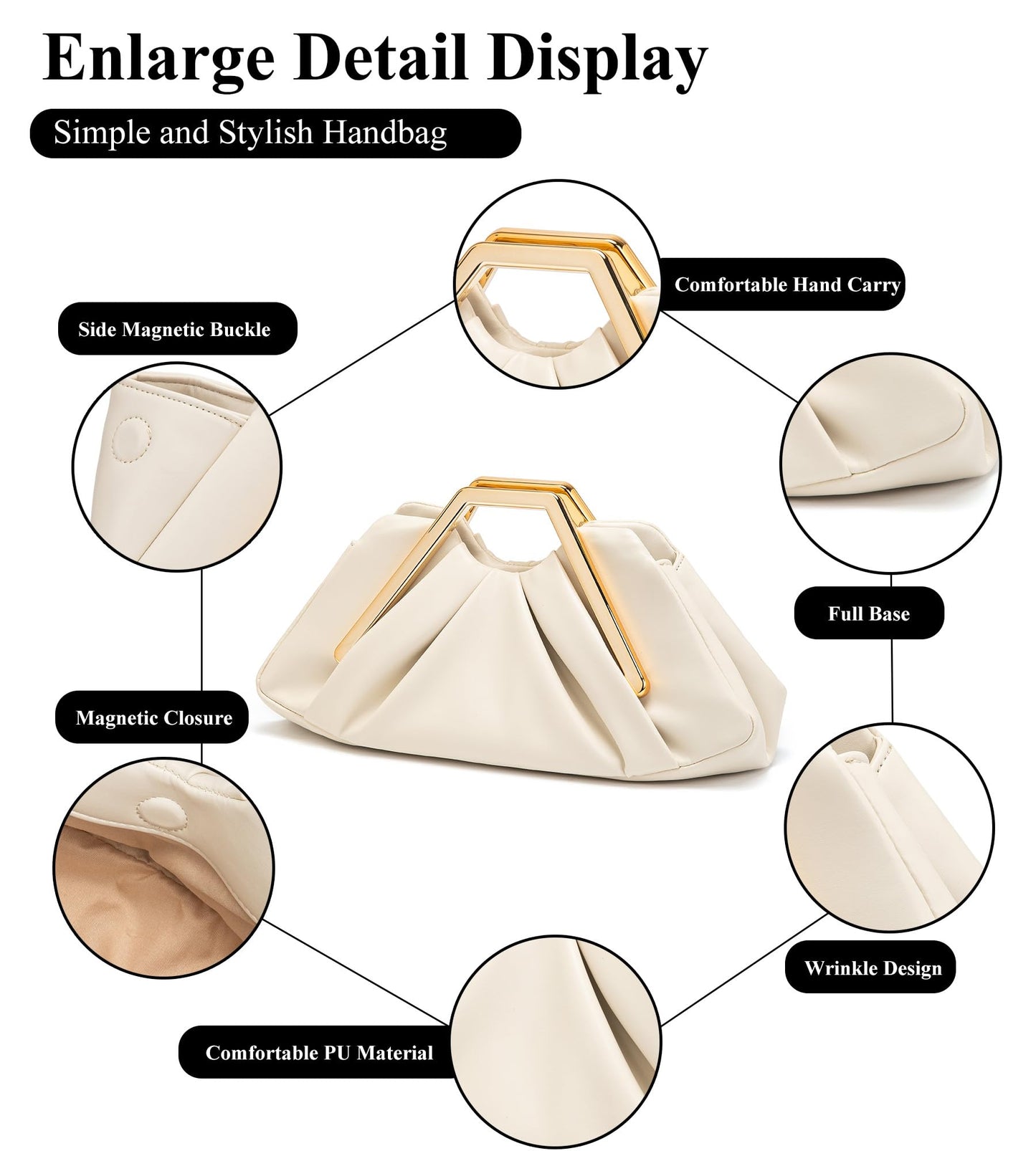 myfriday Women's Elegant Ruched Clutch Purse, Soft Dumpling Evening Purse Handbags for Wedding Prom Party Formal Events (Beige)